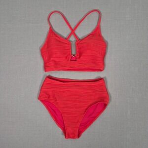 Herseas Women Red High Waisted U Wired Textured 2 Piece Bikini Set Size S